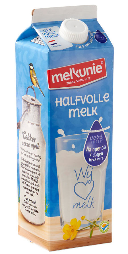 Koolmees op Melkunie melkpak half volle melk 1 liter 