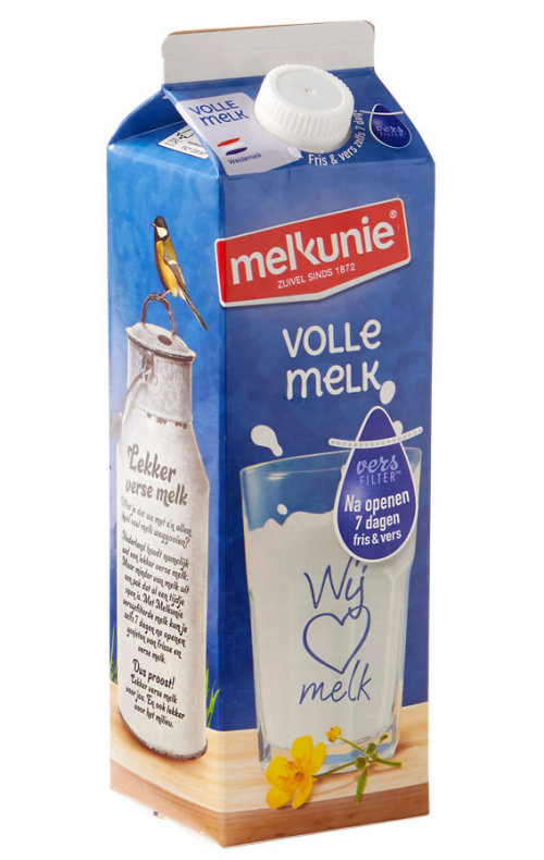 Koolmees op Melkunie melkpak volle melk 1 liter