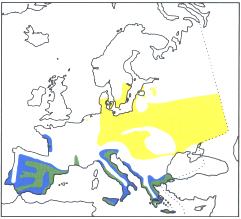 Groene gebied: jaarvogel - gele gebied: zomergast - blauwe gebied: wintergast 